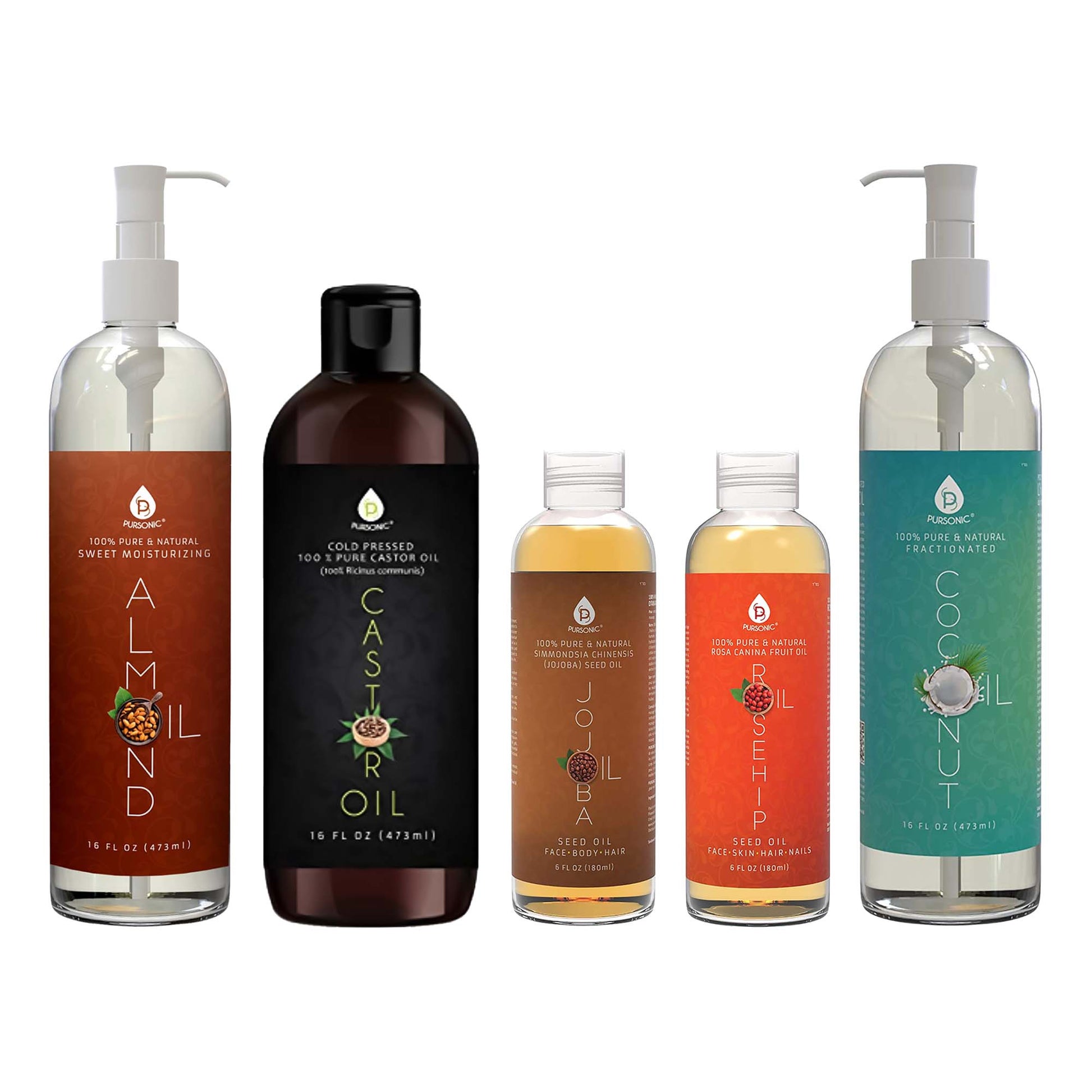 Pursonic Essential Oils & Skin Care Mega Bundle – 100% Pure Golden Jojoba Oil, Rosehip Oil, Sweet Almond Oil, Fractionated Coconut Oil, and Castor Oil-2
