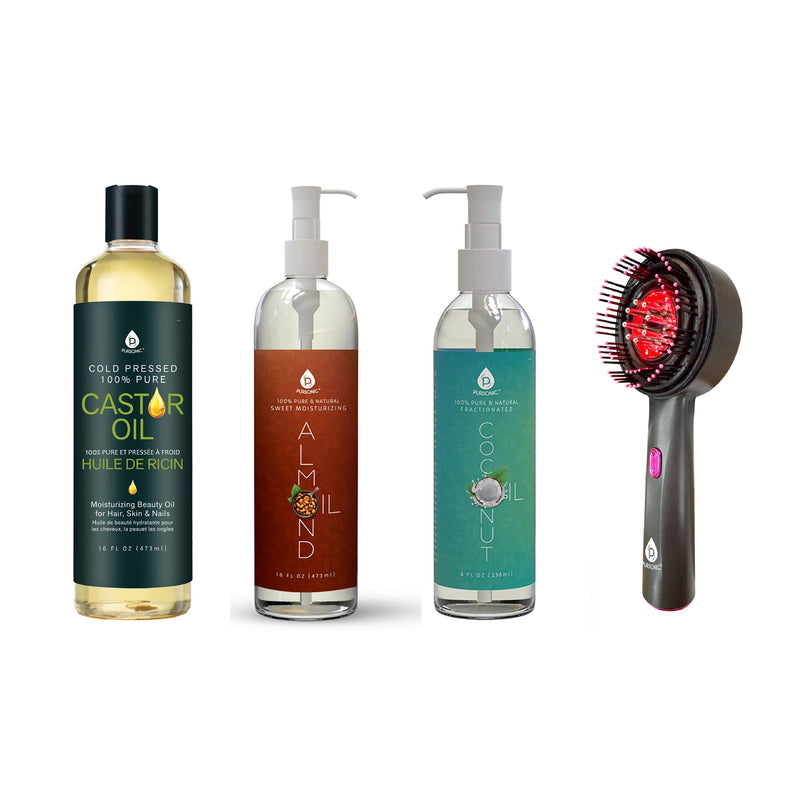 The Ultimate Hair & Skin Restoration Bundle: LED Therapy Brush, Castor Oil, Sweet Almond Oil, & Fractionated Coconut Oil-1