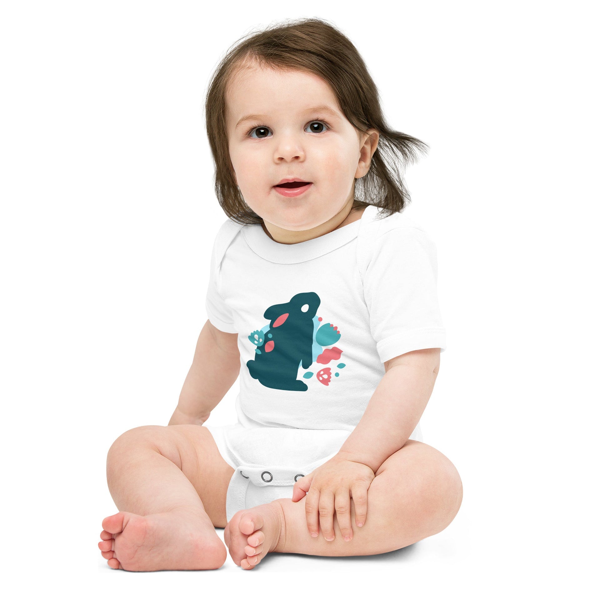 Bella + Canvas Baby Short Sleeve One Piece with rabbit print in gallery position 1, Support Greg, profits pay for Alzheimer's treatments
