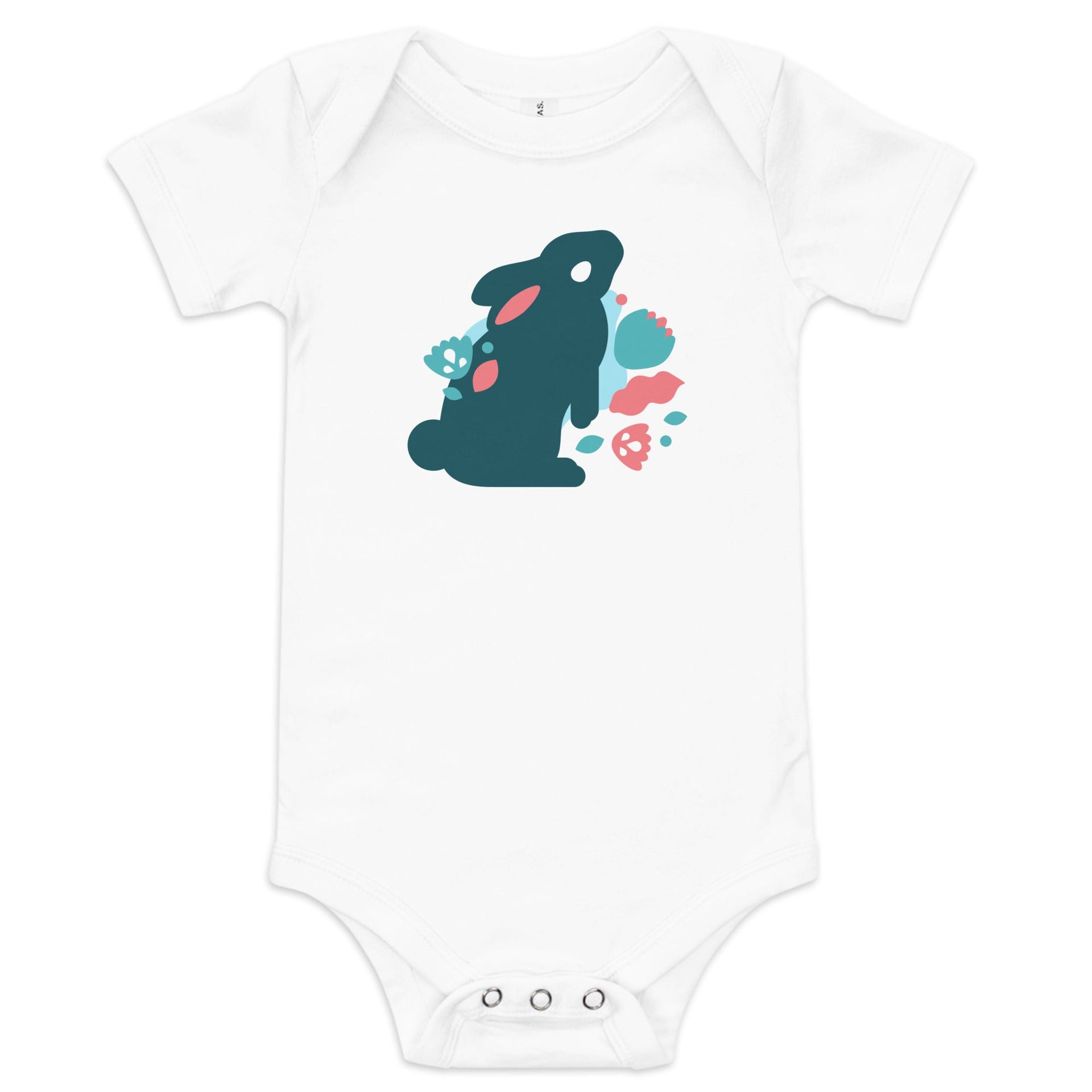 Bella + Canvas Baby Short Sleeve One Piece with playful rabbit graphic in gallery position 1 Support Greg profits pay for Alzheimer's treatments
