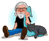 Cartoon of a man sitting with a cat on a blue blanket