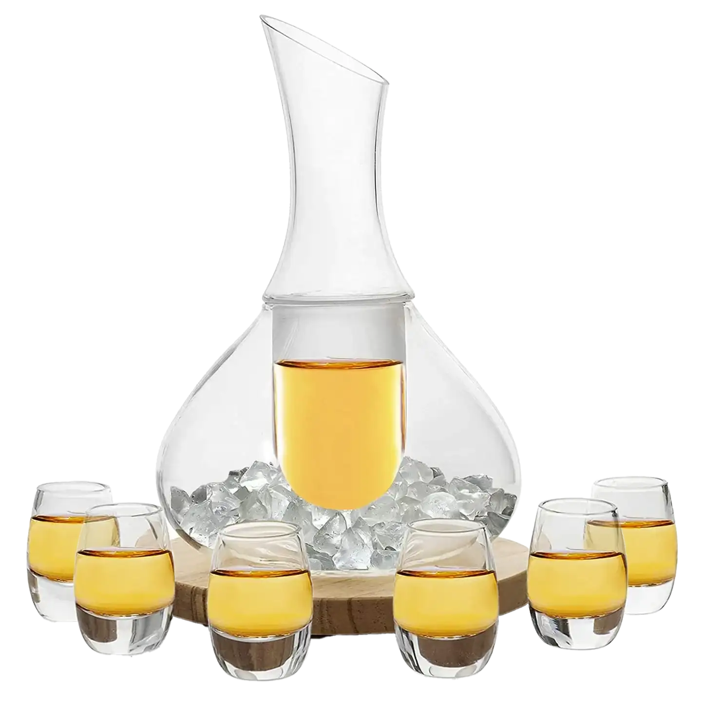 gallery position 1 showing glass decanter with whiskey and ice surrounded by six whiskey glasses Support Greg Profits Pay for Alzheimer's Treatments