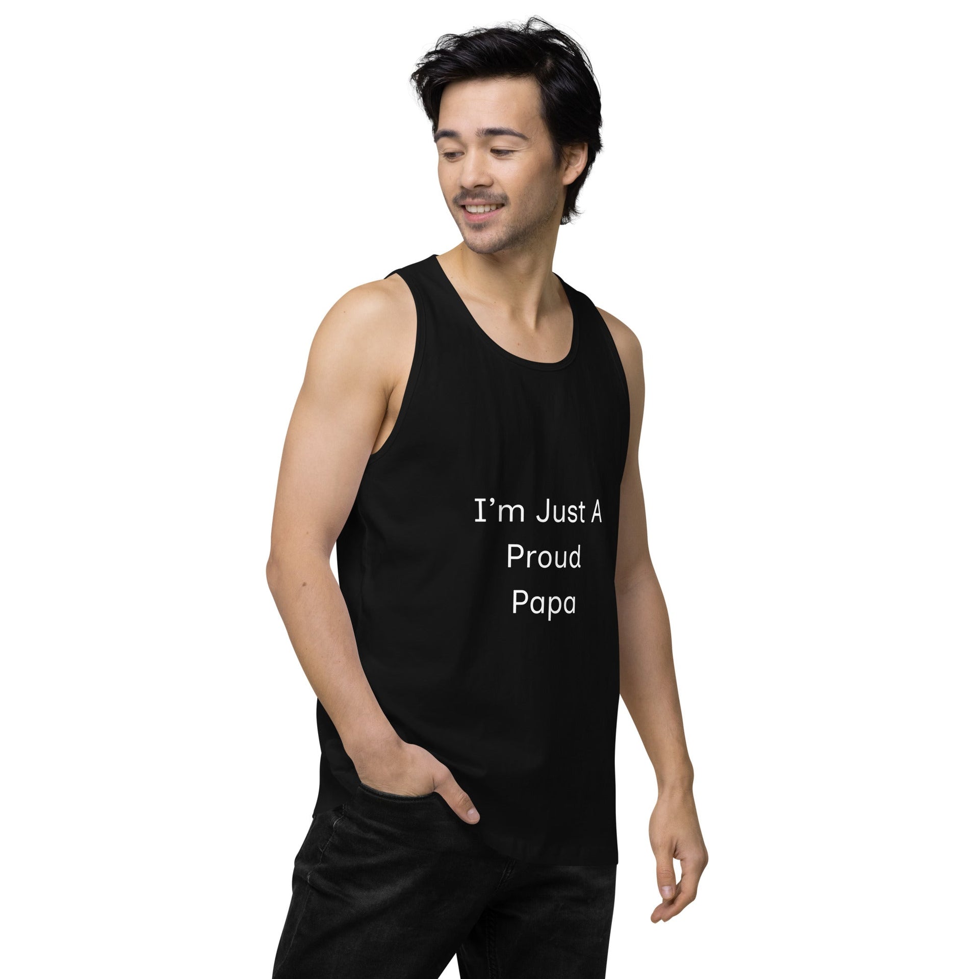 Men’s Premium Tank Top - I'm Just A Proud Papa worn by man looking down gallery position 1 Support Greg Profits Pay for Alzheimer's Treatments
