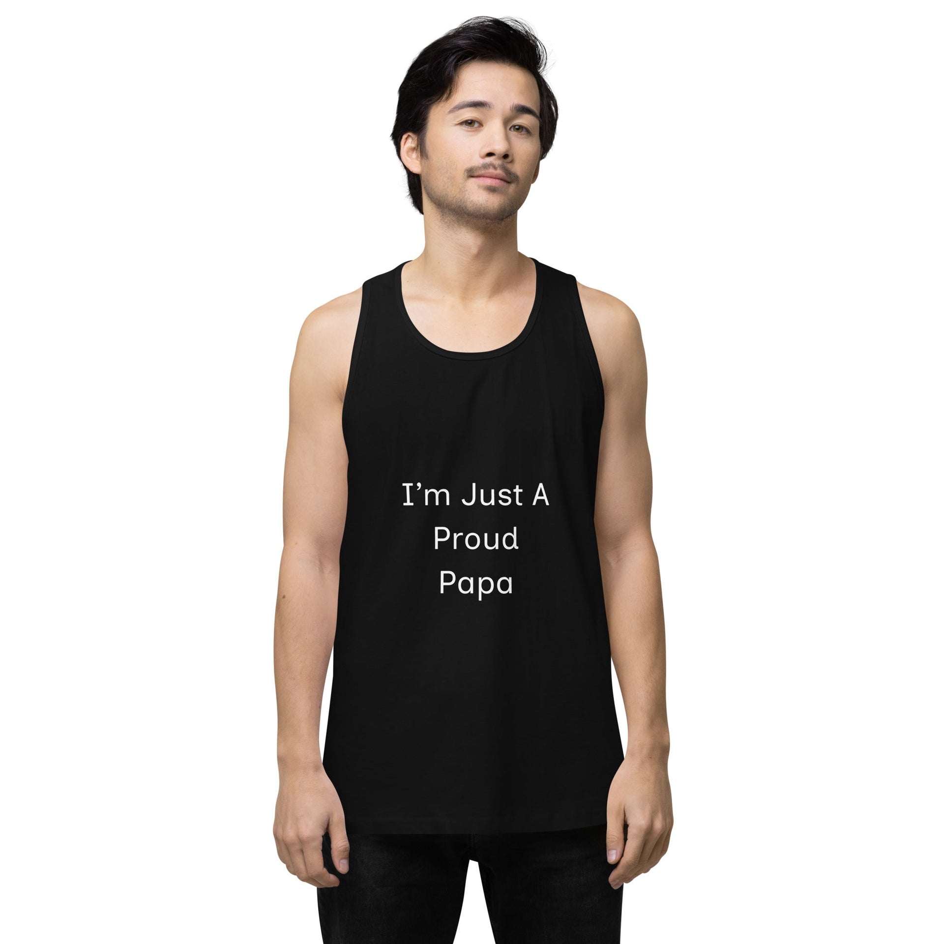 Men’s Premium Tank Top - I'm Just A Proud Papa worn by man standing gallery position 1 Support Greg Profits Pay for Alzheimer's Treatments
