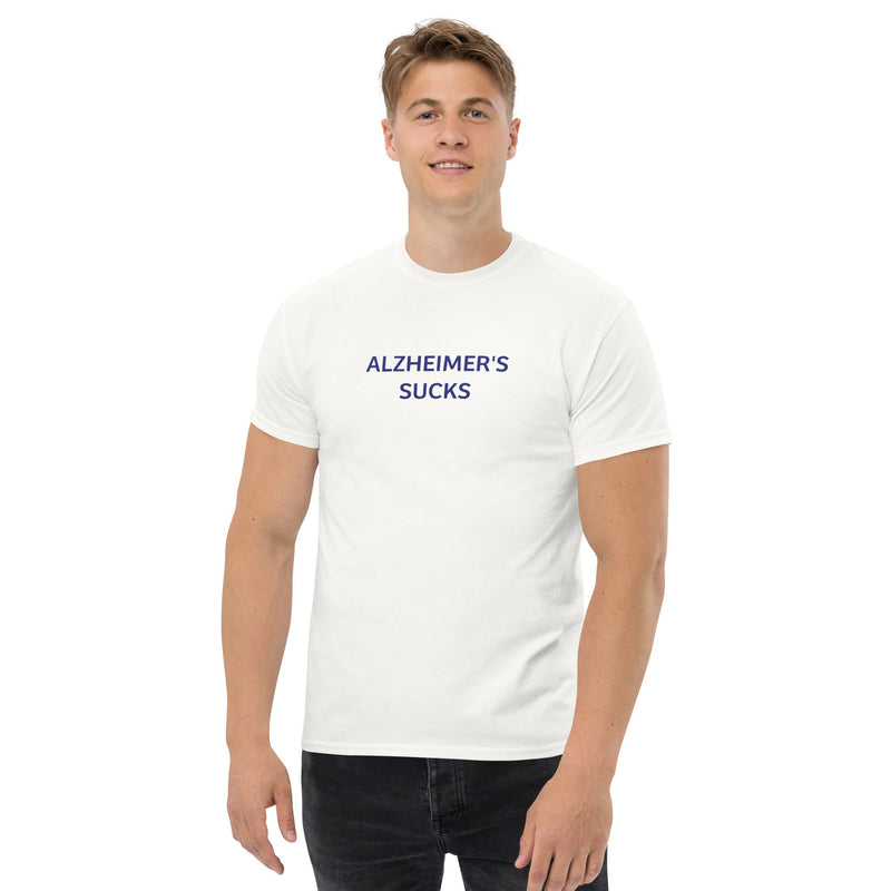 Unisex Classic Tee - White with "Alzheimer's Sucks" front view gallery position 1 Support Greg Profits Pay for Alzheimer's Treatments