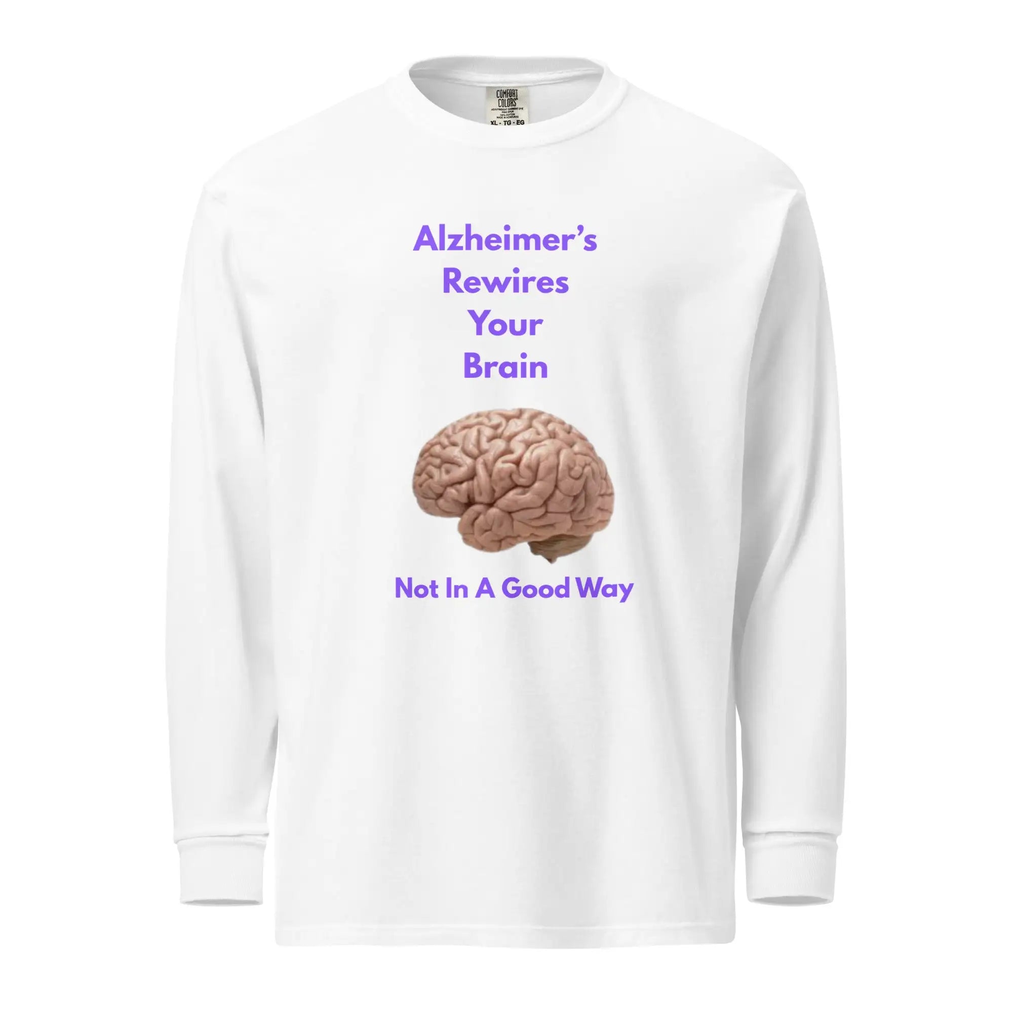 gallery position 1 showing white long-sleeve shirt with brain graphic and purple text Support Greg Profits Pay for Alzheimer's Treatments