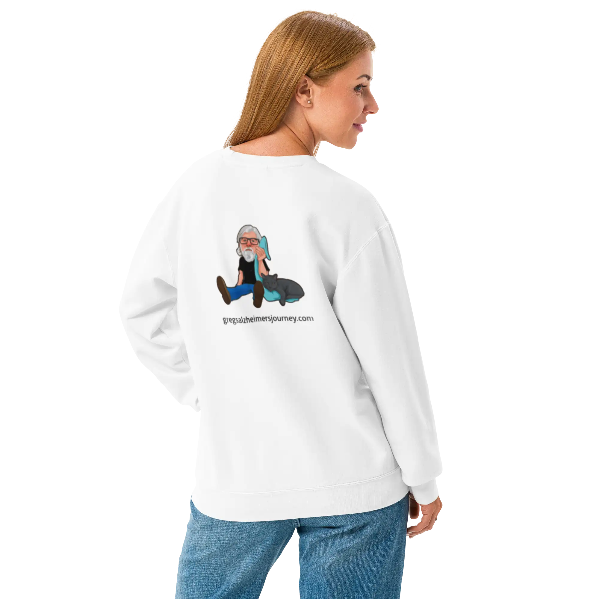gallery position 1 showing woman wearing white sweatshirt with illustrated man and cat above website Support Greg Profits Pay for Alzheimer's Treatments